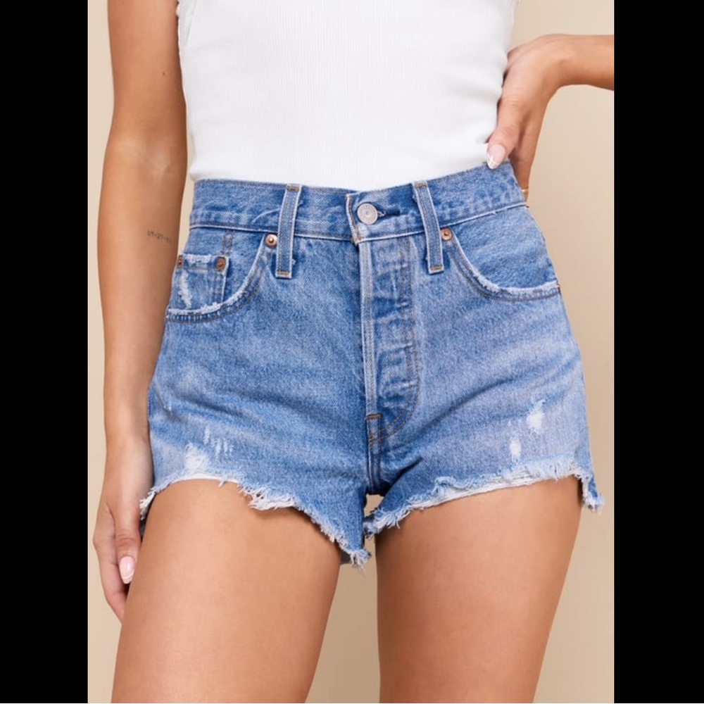 501 Original High Rise Medium Wash Distressed Denim Shorts